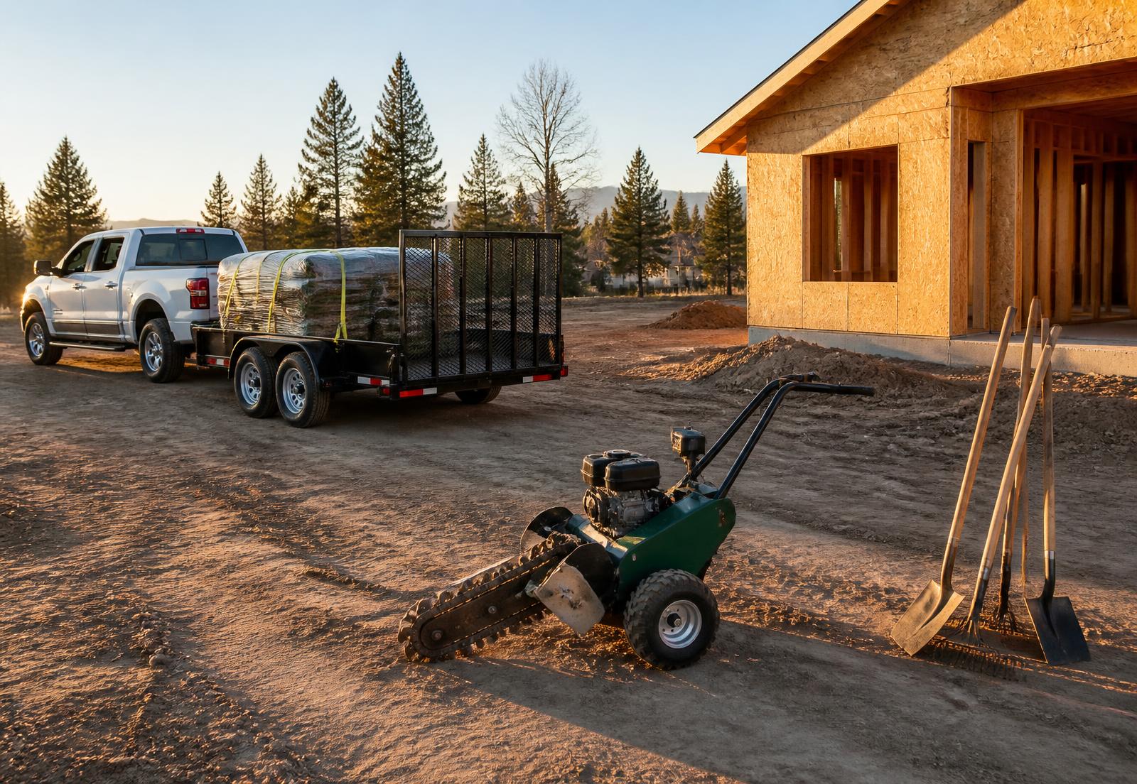 Trucks and landscaping equipment staged at a residential job site