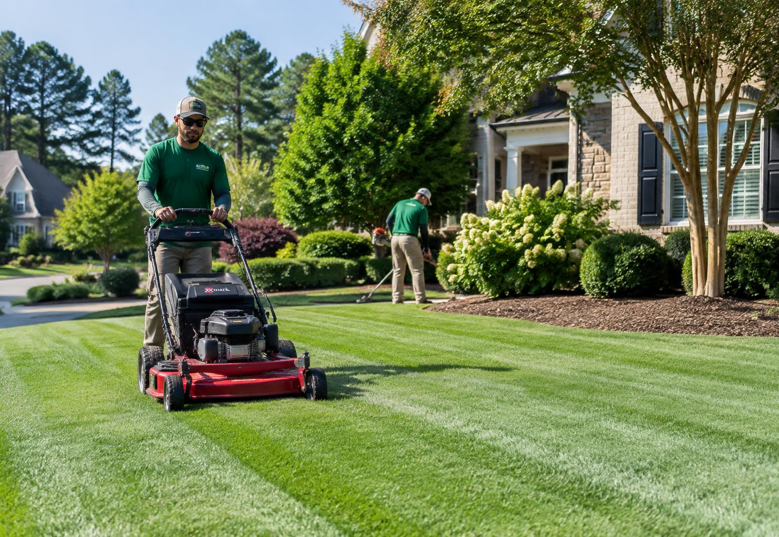 Crew member mowing crisp stripes into a large residential lawn