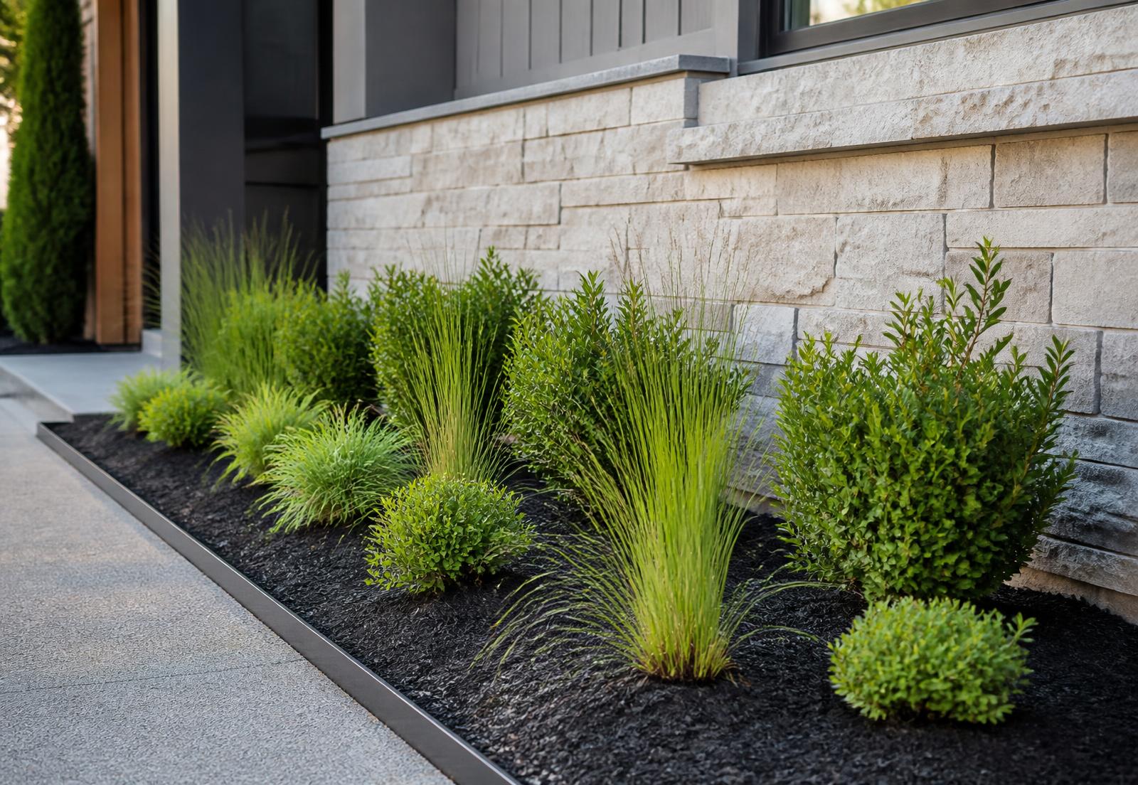 Freshly planted landscape beds with ornamental grasses and shrubs