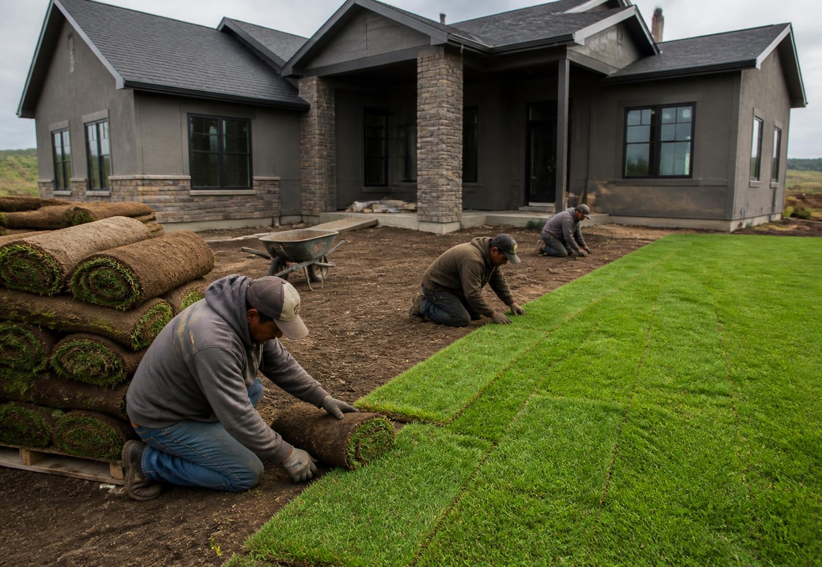 Crew unrolling fresh sod across a prepared front yard