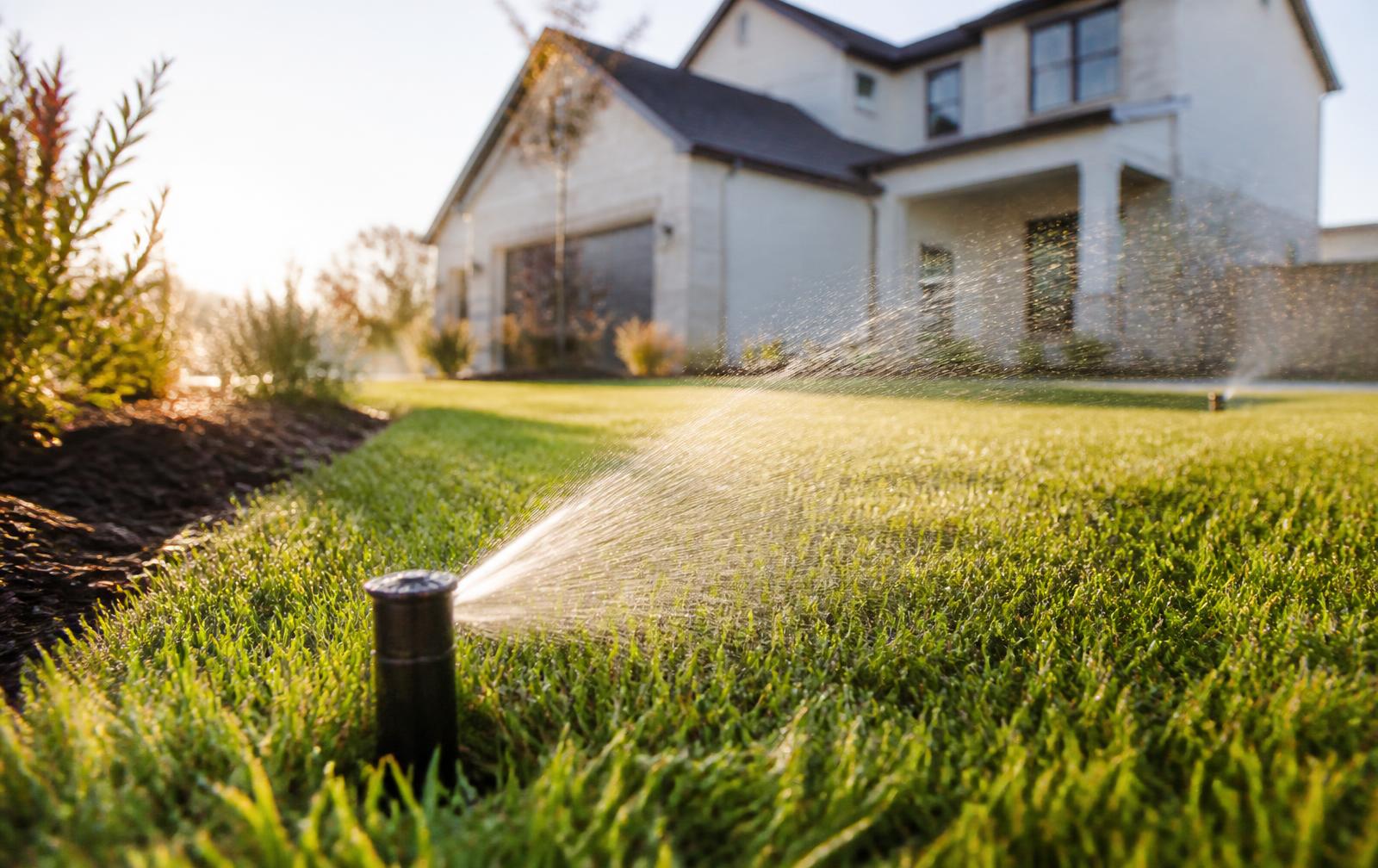 Sprinkler head watering a thick green lawn in morning light